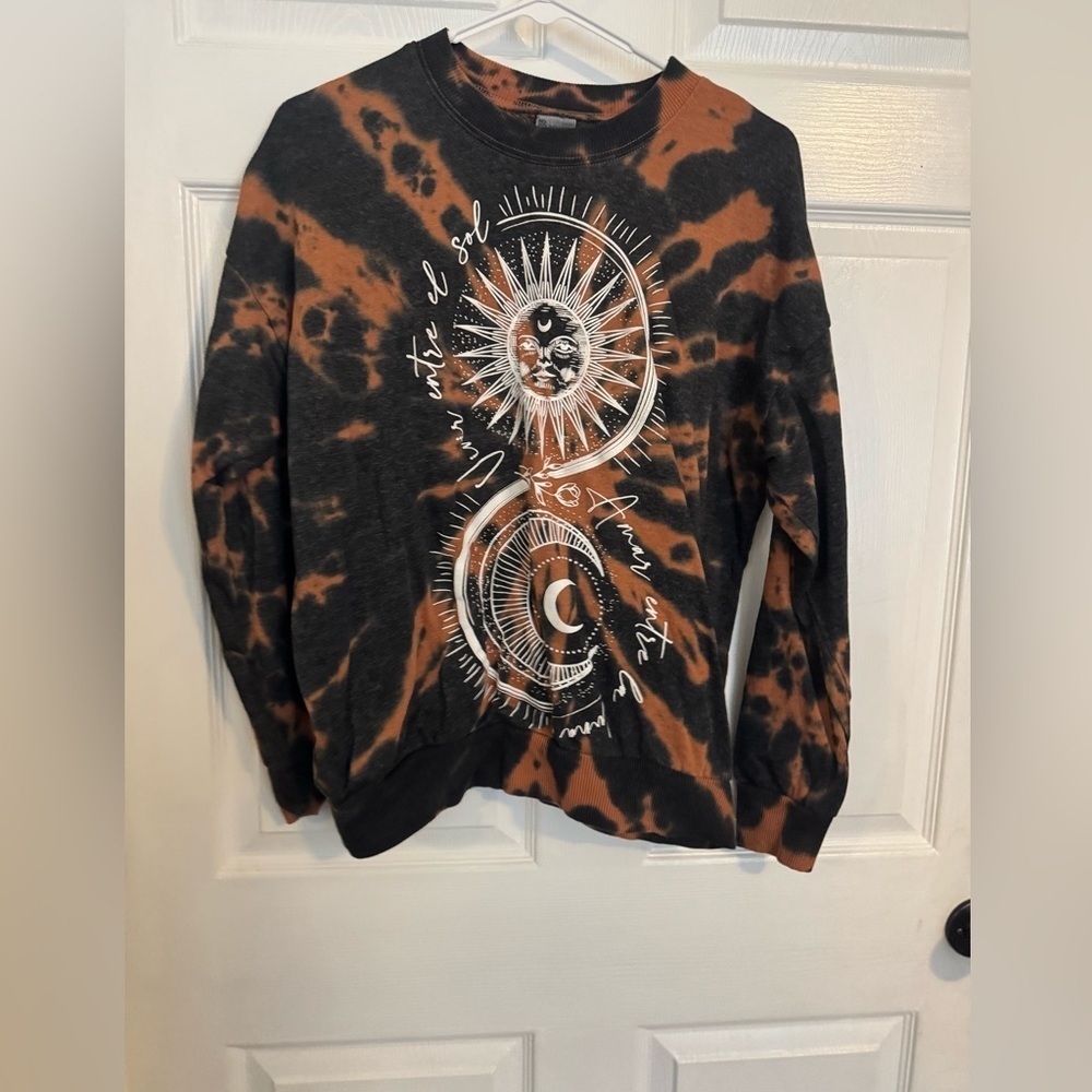 No Boundaries Women’s Long Sleeve Sweatshirt Black & Orange Tie-Dye Top Size S